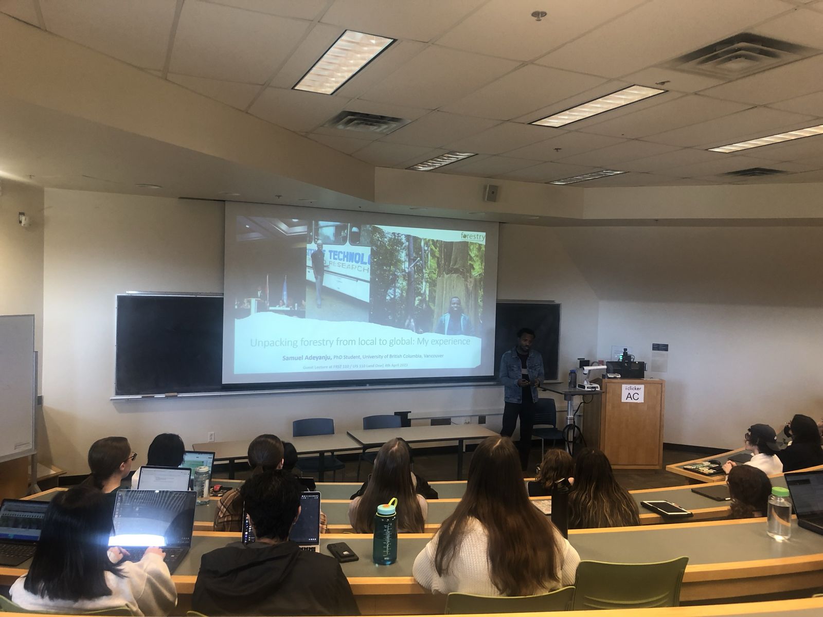 Samuel giving a guest lecture titled Unpacking forestry from local to global to first-year students at UBC
